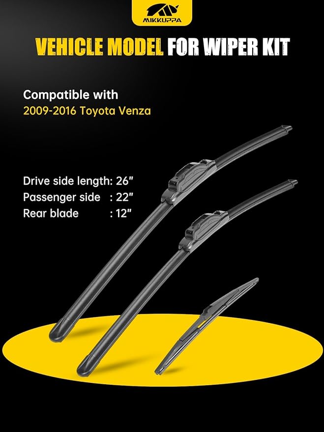 MIKKUPPA 26"+22"+12" Windshield Wipers Blades Replacement for 2009-2016 Toyota Venza, U/J HOOK Front & Rear All Season Wiper Blades Set(Pack of 3)