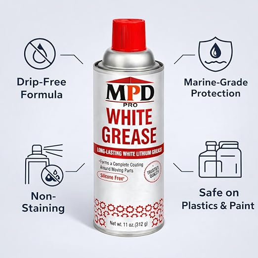 MPD PRO White Lithium Grease Spray, Marine-Grade Drip-Free Lubricant, Non-Staining High-Solid Formula for Garage Doors, Hinges, Chains & Automotive Use – 11 oz (12-Pack)