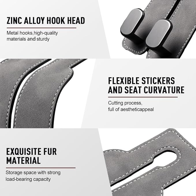 Car Seat Back Storage Hook, 2026 New Two Hook Fur Leather Seat Back Headrest Hanger Genuine Leather Double Metal Hook for Backseat Organizer, Car Organization Accessories (2, Gray)