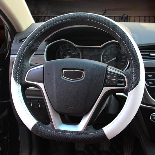Pahajim Steering Wheel Cover Flat Bottom, D Shaped Car Steering Wheel Wrap PU Leather Anti Skid 14.5-15 Inch (37-38cm) Cubre Volantes Carros for Women Men (White)