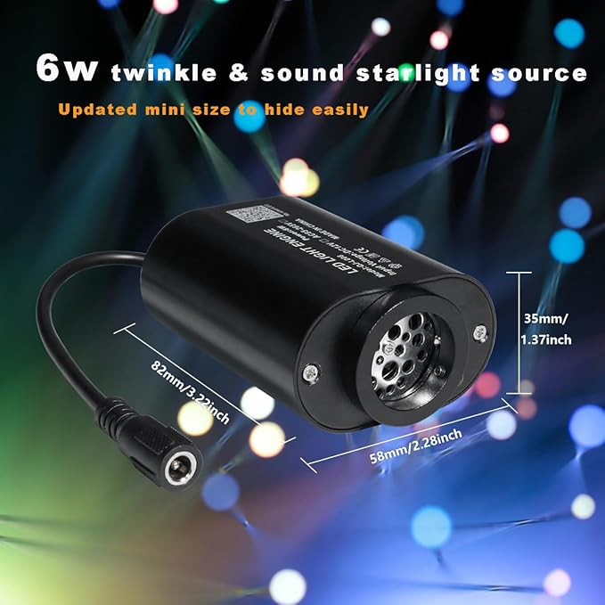 AMKI Mini 6W Starlight Headliner Kit 200pcs 0.03in 6.5ft,Twinkle+Sound Activated Fiber Optic Light 4Lamp Beam Starlight Box APP/Remote Control for Car Home Star Ceiling Decoration