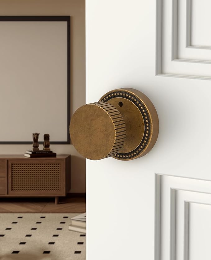 Asidrama 8 Pack Antique Brass Privacy Door Knobs with Lock, Vintage Door Handles with Antique Brass Door Knobs Interior for Bedroom or Bathroom, Heavy Duty Door Lever for Left Right Sided Doors