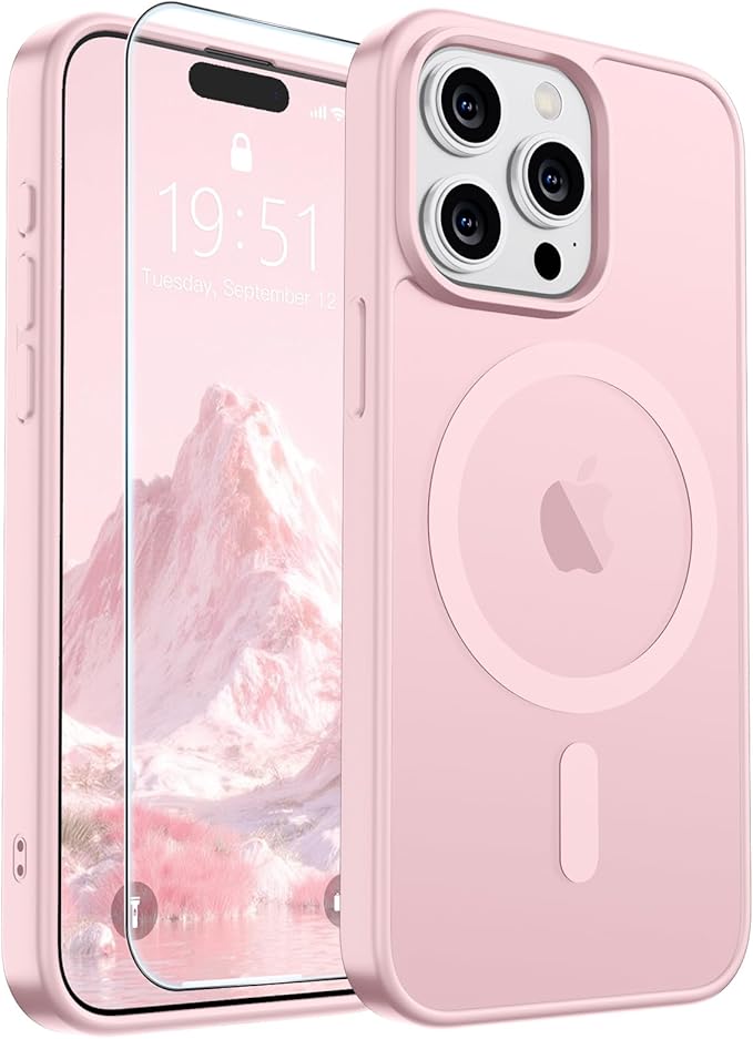 SUPFINE Magnetic for iPhone 15 Pro Max Case with Screen Protector (Compatible with MagSafe) (Military Grade Drop Protection) Translucent Matte Shockproof Phone Cover,Light Pink