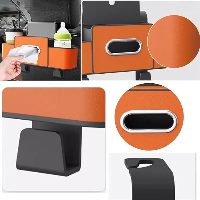 Car Organizers and Storage Box Behind Seat, Car Organizer Back of Seat, 4 in 1 Multifunctional Cars Organizer, For Snacks, Drinks, Bag Hook, Keep Tidy & Organized (White+Orange)