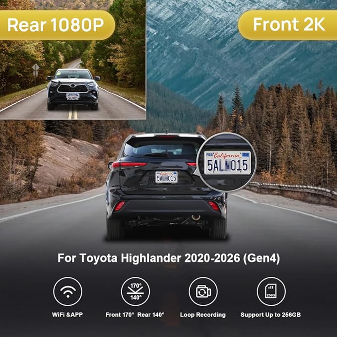 Fitcamx Front 2K+Rear 1080P Dash Cam Adapts for Toyota Highlander 2020-2026 & Highlander Hybrid (Gen4/UX70), OEM Style, Dual HD Video, WiFi & APP, Loop Recording, G-Sensor, Easy to Set, 64GB Card