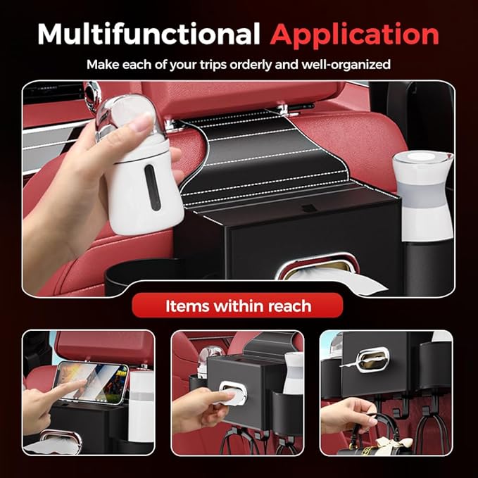 3-in-1 Car Backseat Organizer with Cup Holder, Tissue Box, Trash Bin & Hooks,Multifunctional Back Seat Car Organizer for Hold Phones,Snacks,Drinks,and Handbags (A- Red)
