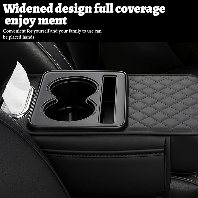 Car Center Console Cover, Memory Foam Nappa Leather Vehicle Armrest Cushion with Tissue Box, 2 Storage Bag & Holder, Automotive Arm Rest Protector Accessories, Universal Fit (Brown)