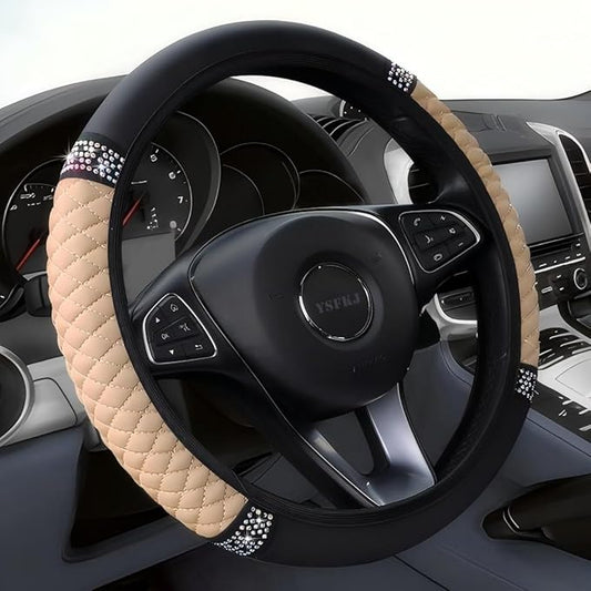Soft Leather Car Steering Wheel Cover, Universal 15 Inch Colorful Rhinestones Anti-Slip Elastic Steering Wheel Covers for Most Cars, Sparkly Crystal Diamond for Women Girls (Beige)
