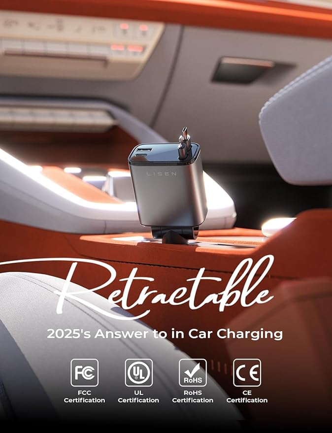LISEN Retractable Car Charger, Gifts for Mothers Day, Upgrade 84W Car Charger USB C Fast Charge, 2026 Unique Car Accessories for Mom Dad Him Her Men Women, for iPhone 17 16 15 14 13