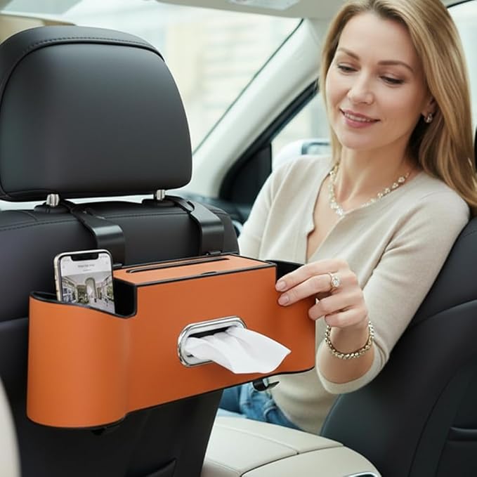 3-in-1 Car Backseat Organizer, 2026 New Multifunctional Back Seat Car Organizer with Cup Holder, Tissue Box, Trash Bin & Hooks for Hold Phones, Snacks, Drinks, Handbags (1, Brown)