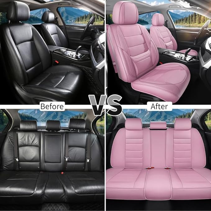 Car Seat Covers Full Set Custom Fit for Ford Fiesta 2011-2019 - Premium Leather with Lumbar Support, Breathable, Anti-Slip & Excellent Seating Experience (Pink, Full Set)