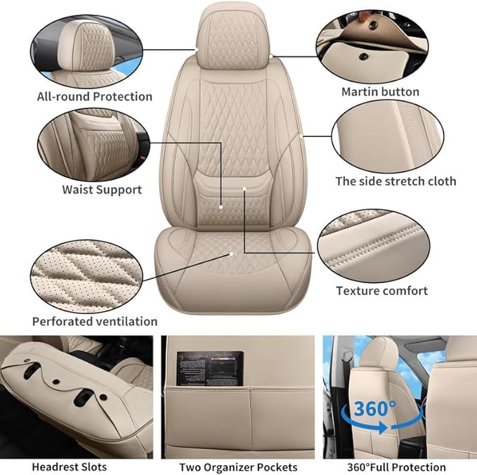 Car Seat Covers Full Set Custom Fit for Mercury Mountaineer 1997-2010 - Premium Faux Leather with Lumbar Support | Breathable, Waterproof, Anti-Slip, Durable (Beige,Full Set)