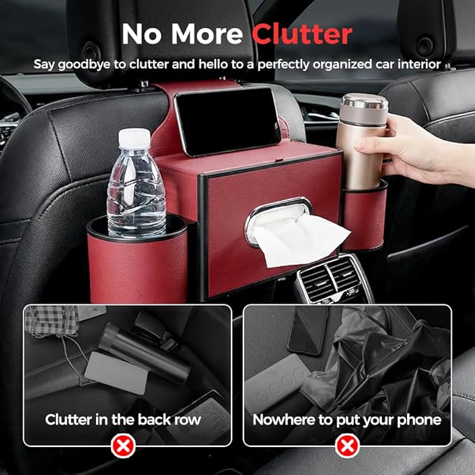 Back Seat Car Organizer,3 in 1 Car Backseat Storage Box with Cup Holder,Tissue Box,Trash Bin&Hooks,Multifunctional Waterproof Storage for Hold Phones Snacks Drinks Handbags (1, A-Orange)