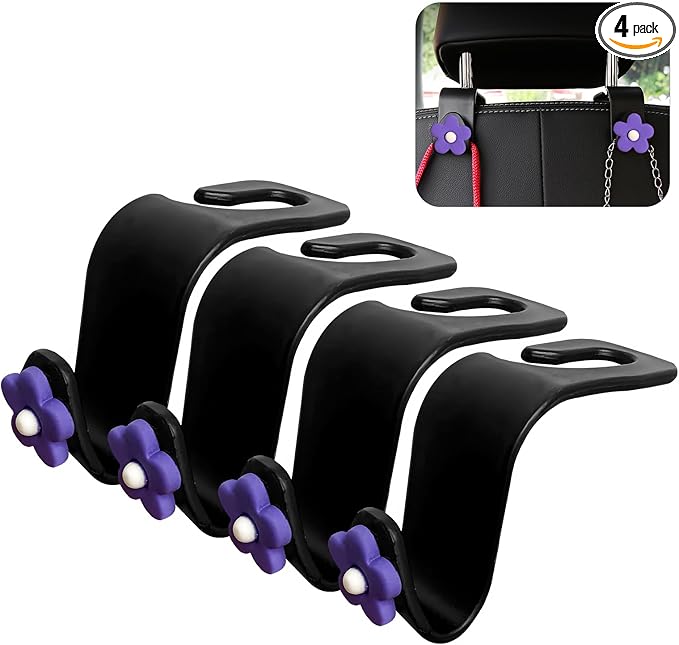 4 PCS Car Seat Headrest Hook, Plastic Headrest Hooks with Adhesive Flower, Auto Back Seat Hanger Storage Hook for Grocery Bag Purse Handbag Umbrella, Car Accessories (Purple)