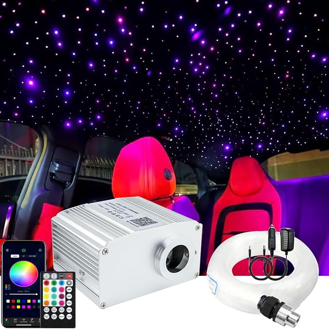 AZIMOM Bluetooth Control 10W Twinkle Fiber Optic Star Lights Ceiling Light Kits with 450pcs*0.03in*9.8ft Strands Sound Activated RGBW APP/ Remote Light Engine for Indoor Car Home Interior Decoration