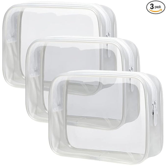PACKISM Clear Toiletry Bag - 3 Pack TSA Approved Toiletry Bag Quart Size Bag, Travel Makeup Cosmetic Bag for Women, Carry on Airport Airline Compliant Bag, White