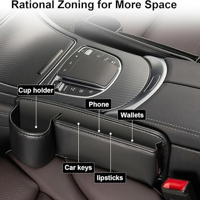 Car Seat Gap Filler Organizer with Cup Holders, Seat Gap Storage Box for Drinks, Phones, Keys, Sunglasses, Cards, and Small Essentials (Beige, Driver's Seat)