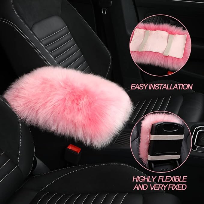 LLB Auto Center Console Cover Pad Universal Fit for SUV/Truck/Car, Genuine Sheepskin Wool Fur Car Armrest Seat Box Cover, Furry Fluffy Auto Armrest Cover Protector (White)