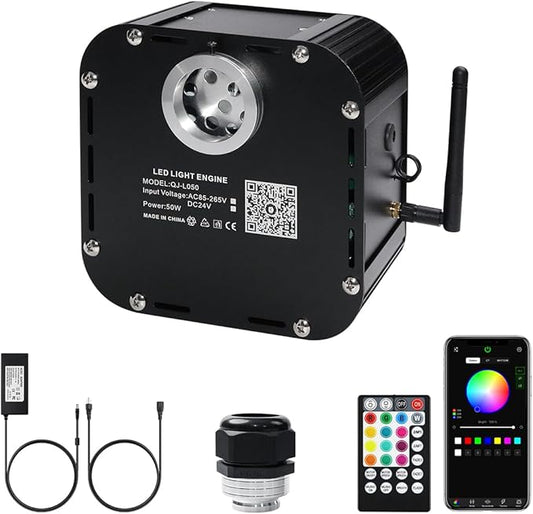 AMKI High Brightness 50W Twinkle Sound Mode RGBW Light Source Engine Driver Remote/APP Control Starlight Box Motor for Fiber Optic Star Ceiling Light Kit