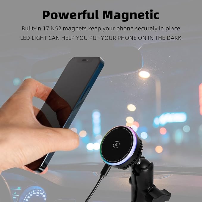 Magnetic Wireless Charging Phone Holder with 1" Ball for RAM Mounts, 15W Fast Charger with TEC & Fan Dual Cooling for Magsafe iPhone 17/16/15/14/13/12 Series, Fits RAM B-Size Double Socket Arm