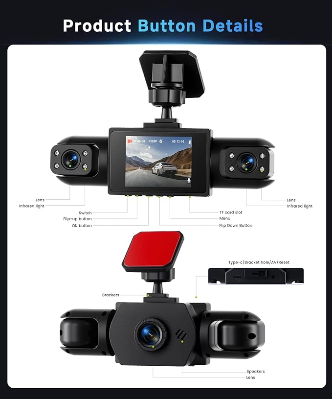 4 Channel 360° Dash Cam Front and Rear Inside Left Right, 2 Inch Dash Camera for Cars, Built-in Night Vision, Sensitive Motion Detection 24/7 Recording Parking Mode Monitor Reversing Help