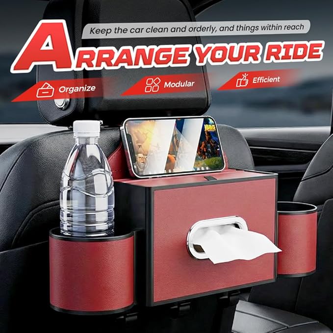 Back Seat Car Organizer,3 in 1 Car Backseat Storage Box with Cup Holder,Tissue Box,Trash Bin&Hooks,Multifunctional Waterproof Storage for Hold Phones Snacks Drinks Handbags (1, A-Beige)
