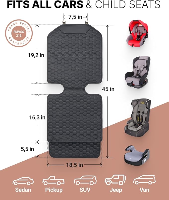 Owleys Set Seat Back Organizer & Car Seat Protector Hexy Waterproof & Non-Slip Protector for Child Car Cushion for Leather and Fabric Seats (Black)