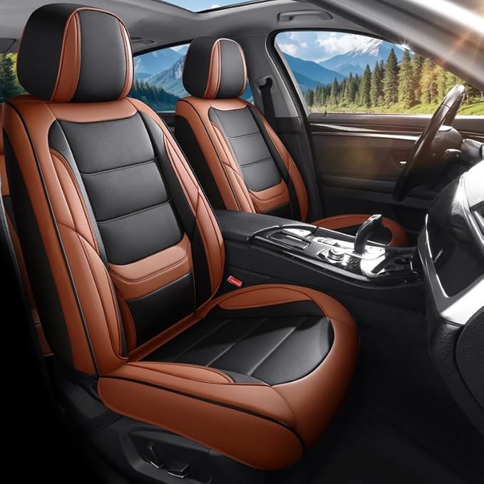 Car Seat Covers Full Set Custom Fit for Ford Focus 2000-2018-Luxury Leather with Lumbar Support, Breathable, Waterproof, Anti-Slip, Durable, Easy to Install (BlackBrown,Full Set)
