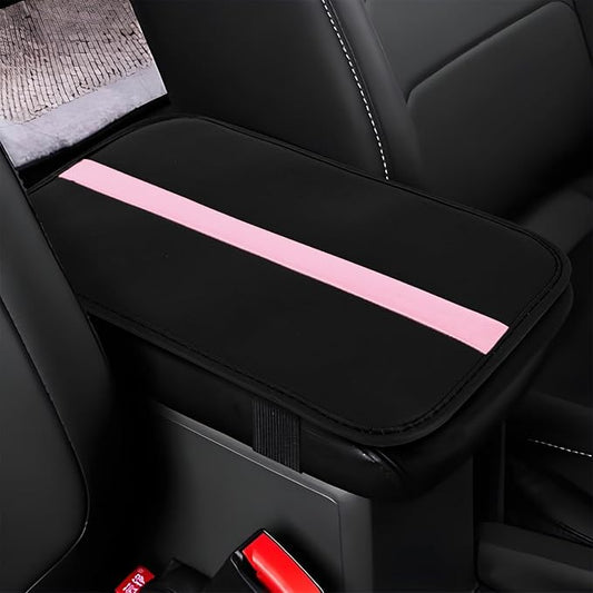 wuyaoyao Car Center Console Cover, 12.6"×7.87" PU Leather Armrest Cover for Cars, Stylish Auto Armrest Cushion Pad, Waterproof Vehicle Arm Rest Protector, Interior Car Accessories (Black+Pink)