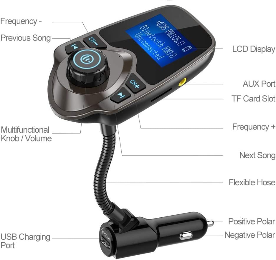 Nulaxy Bluetooth Car FM Transmitter Audio Adapter Receiver Wireless Handsfree Car Kit TF Card AUX 1.44 Display – KM18 Brown