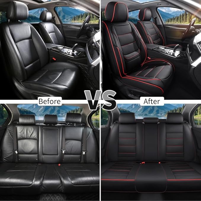 Car Seat Covers Full Set Custom Fit for Chevy Cruze 2011-2019-Luxury Leather with Lumbar Support, Breathable, Waterproof, Anti-Slip, Durable, Easy to Install (Black&Red,Full Set)