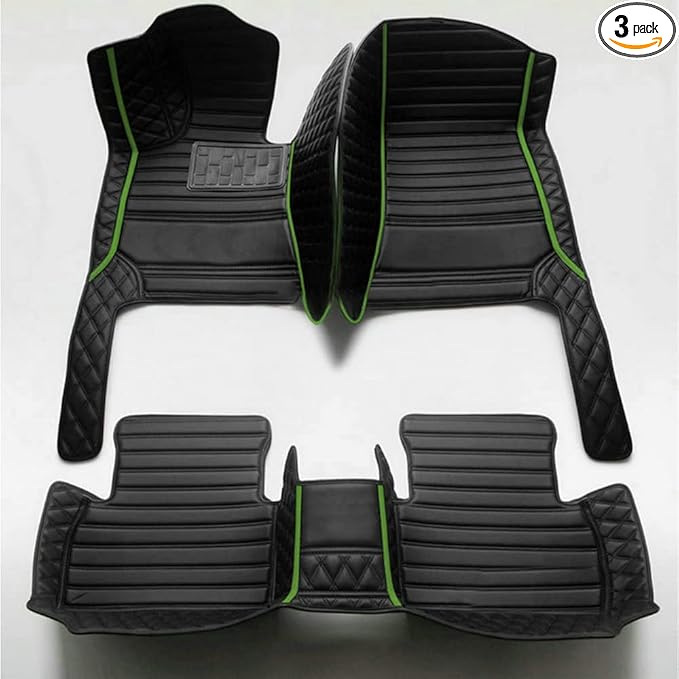 KaiLaiCarCustom Automotive Car Floor Mats for 99.99% Sedan SUV Sports Car Men Women Protection Full Coverage Pads Anti-Slip Leather Floor Lining (Black + Green bar, E- Diamond + Strip +Color Bars)