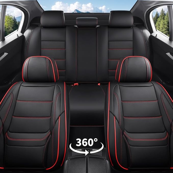 Car Seat Covers Full Set Custom Fit for Buick Lacrosse 2004-2019-Luxury Leather with Lumbar Support, Breathable, Waterproof, Anti-Slip, Durable, Easy to Install (Black&Red,Full Set)