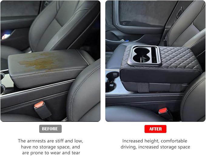 Car Center Console Armrest Pillow with Cup Holder, Leather Middle Console Protection Cushion with Phone Holder, Memory Foam Auto Arm Rest Box Cover, Universal Vehicle Accessories (Black)