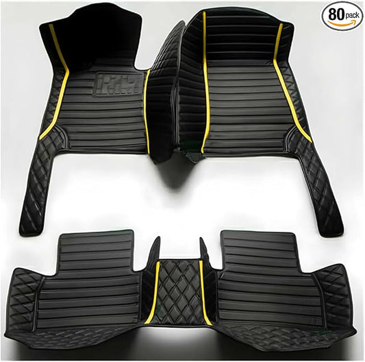 TREGOO All Weather Car Mats Custom Fit Non Slip Floor Mats for 1998-2025 Cars Personalized Leather Protection Pads Suitable for Men Women (Edge Yellow, Middle Black Horizontal bar)