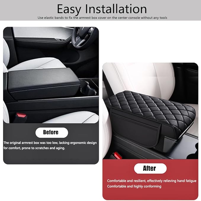 Universal Memory Cotton Car Armrest Box Pad, 2026 New Leather Car Armrest Box Pad with 2 Storage Bags, Auto Armrest Seat Box Cover, Center Console Cover Cushion for SUV, Car, Truck (Black)