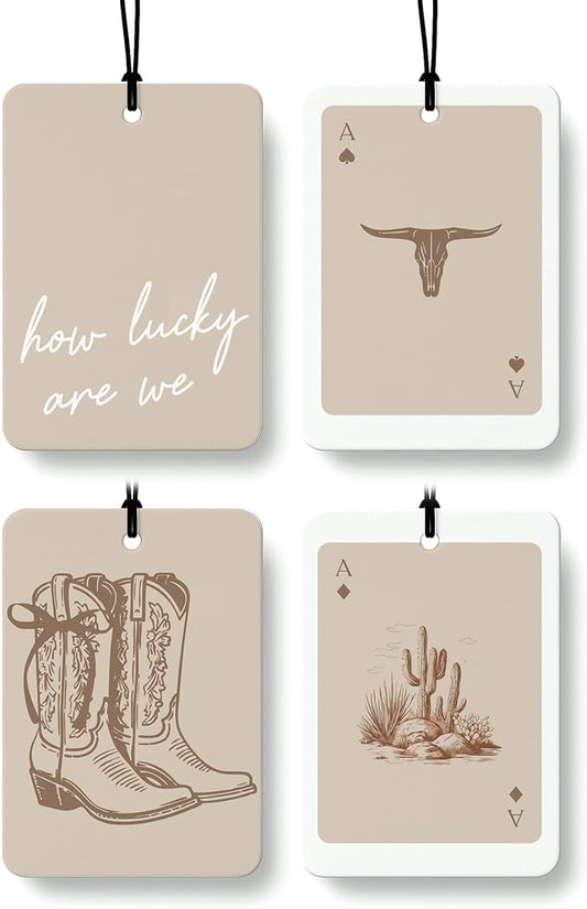 Boho Beige Western Car Air Freshener 4 Pcs, Preppy Cowgirl Cow Skull Cactus Ace Card Hanging Air Freshener for Cars Closet Drawer Books, Cute Western Car Accessories Mirror Decor for Women