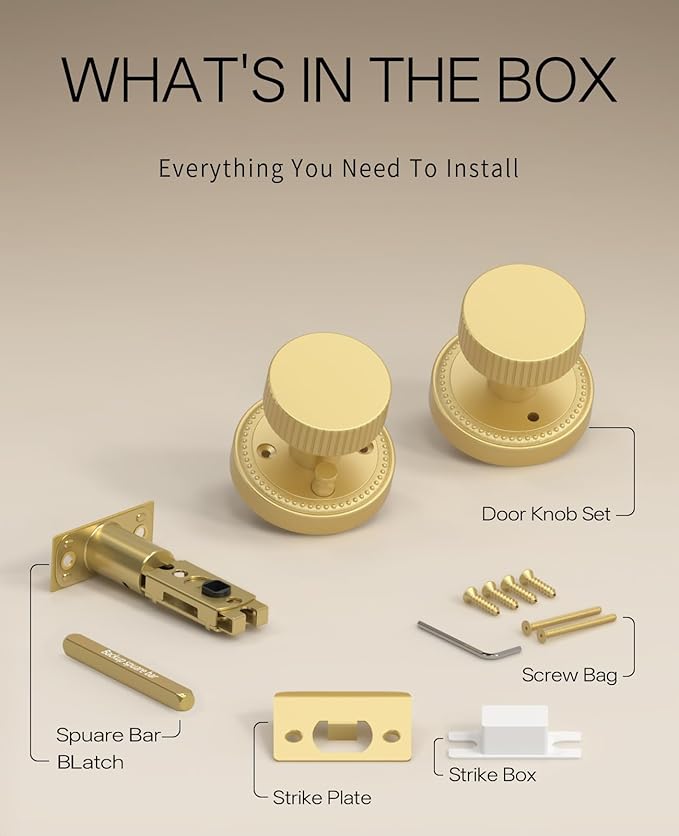 Asidrama 4 Pack Privacy Gold Door Knob with Lock, Brush Gold Door Knobs Interior for Bedroom or Bathroom, Heavy Duty Brush Gold Door Handle for Left Right Sided Doors