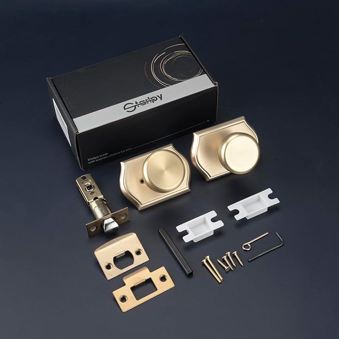 Interior Pismo Doorknobs for Bath & Bedroom, Gold Door Knobs with Camelot Trim, Satin Brass Door Knob with Lock