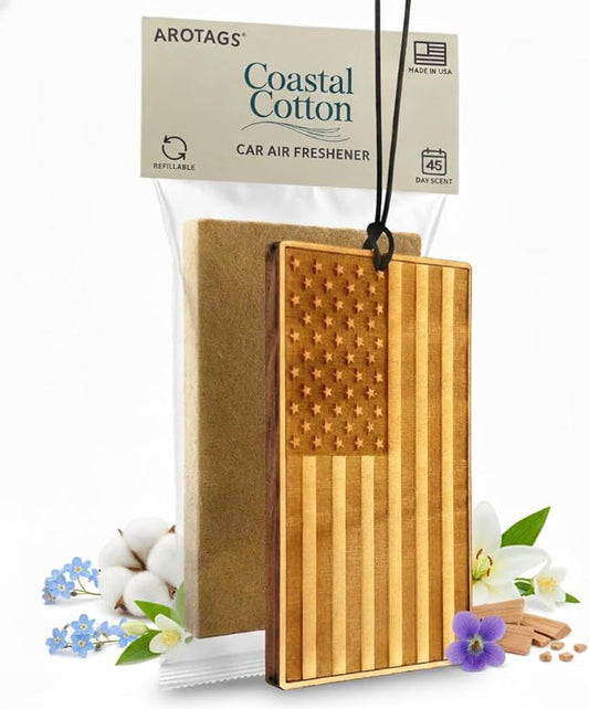 Arotags Wooden Car Air Freshener - Coastal Cotton - 45+ Day Long Lasting with Under Seat Scent Core - Handmade in USA - Natural Wood Diffuser for Cars Trucks SUVs