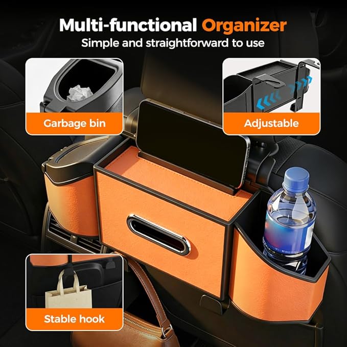 7-in-1 Car Backseat Organizer,Multifunctional Car Organizers and Storage Box with Cup Holder, Tissue Box,Trash Bin,Phone Mount and Hooks,Car Essentials Accessories for Women and Men (Gray)