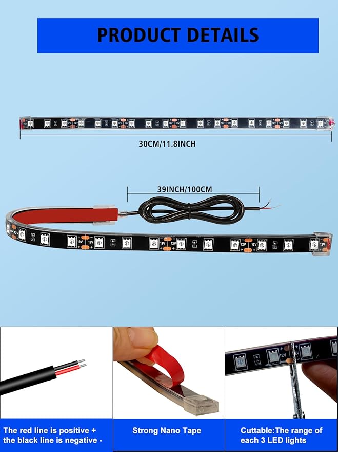 YM E-Bright 4Pcs Led Strip Lights for Car, 12inch Waterproof IP68 Car Underglow Strip Lights Decoration 18SMD 12V Led Interior Exterior Lights Strip for Cars Motorcycles Truck Golf Cart Boat - Yellow