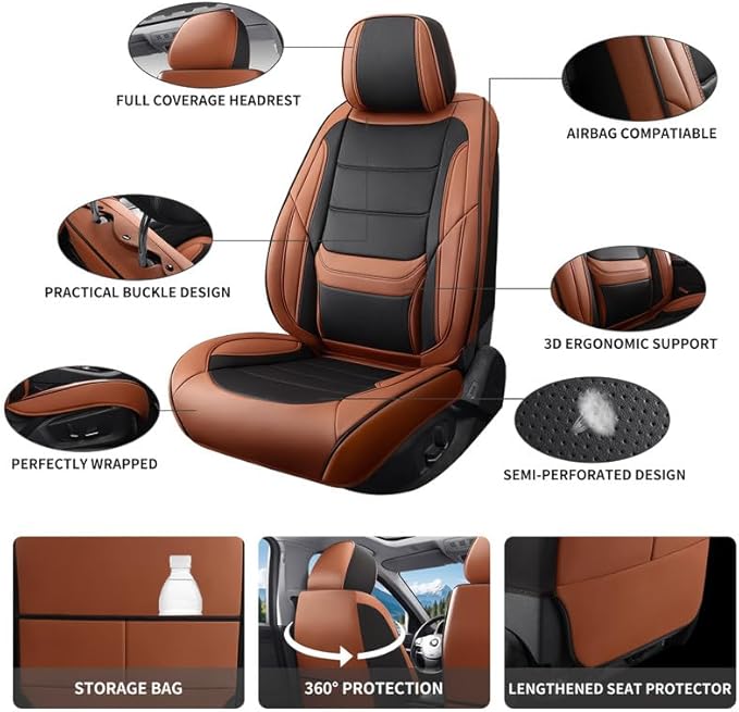 Car Seat Covers Full Set Custom Fit for Chevy Equinox 2005-2025 2026-Luxury Leather with Lumbar Support, Breathable, Waterproof, Anti-Slip, Durable, Easy to Install (BlackBrown,Full Set)