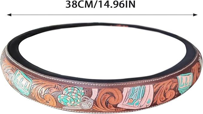 Retro Western Cowboy Car Universal Steering Wheel Cover, Embossed Handcrafted Tooled Leather Western,Anti Slip, Auto Interiors Accessories,Breathable for Trucks SUVs Cars (B)