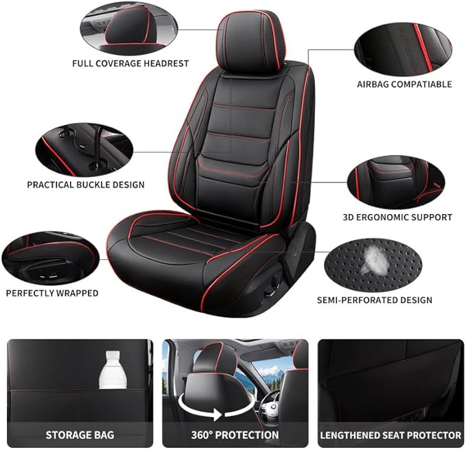 Car Seat Covers Full Set Custom Fit for Buick Envista 2024-2026-Luxury Leather with Lumbar Support, Breathable, Waterproof, Anti-Slip, Durable, Easy to Install (Black&Red,Full Set)