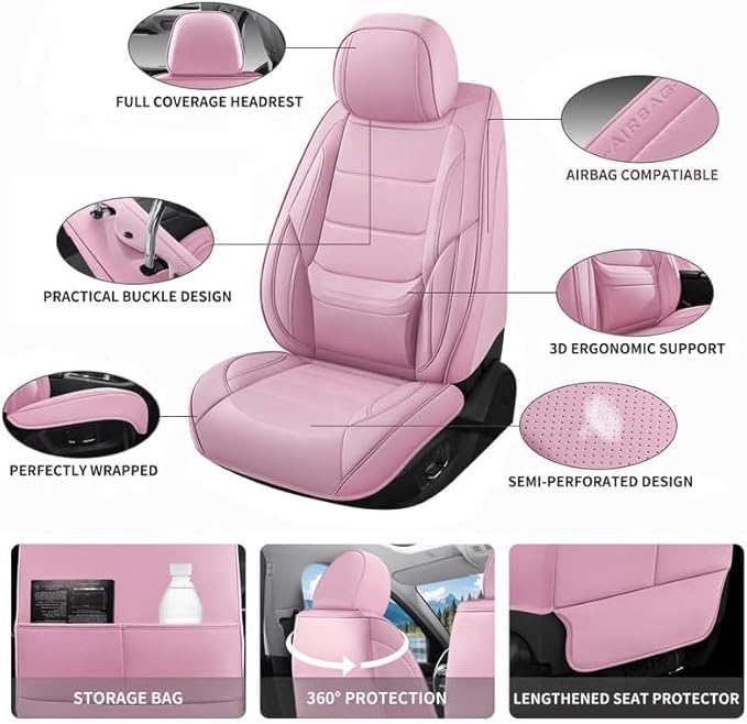 Car Seat Covers Full Set Fit for Buick Envista 2024-2026, Premium Faux Leather Waterproof Car Seat Protectors with Lumbar Support, Breathable Anti-Slip Easy to Install(Pink,Full Set)