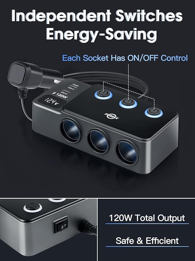 8 in 1 Cigarette Lighter Splitter, 120W Car Charger Adapter with PD 30W Type-C & QC3.0, 3-Socket Car Outlet with 5 USB Ports, LED Voltmeter, Independent Switches, 12V/24V Multi-Port Charger