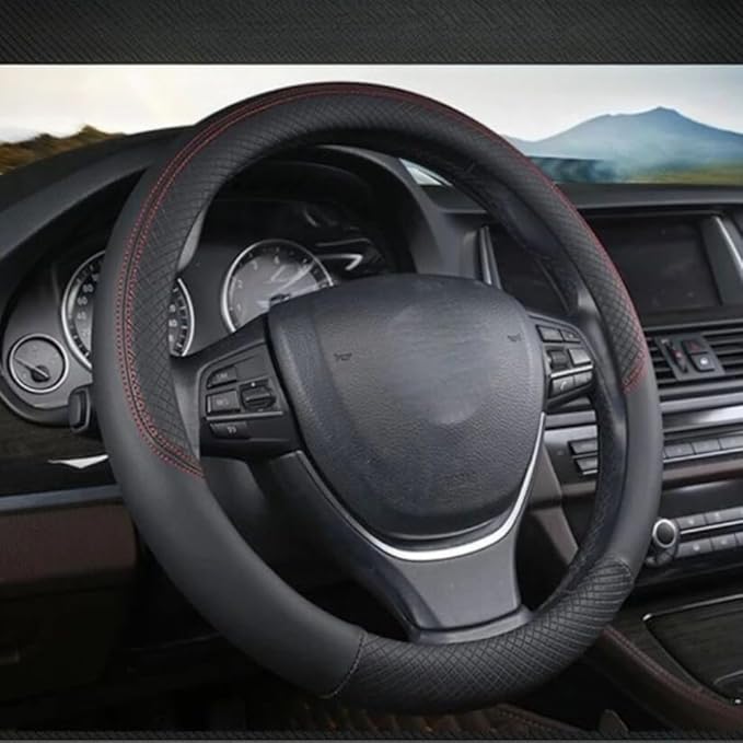 Car Semi Truck Van Leather Steering Wheel Cover Fits 14 15 16 17 18 19 Inch Maximum Grip Non Slip Durable Universal Fit for Most Vehicles (38cm/15in,Black)