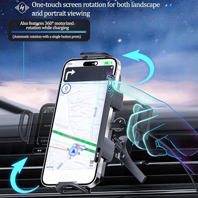 Wireless Charging Rotating Car Mount,Smart 2-in-1 Auto-Rotating Car Phone Holder & Wireless Charger,Foldable with 15W Fast Charging,Compatible with iPhone & Samsung Devices & Smartphone & Pad (Gray)