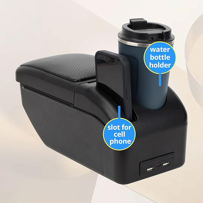 AULPHIKE Compatible with Nissan Note Armrest E-Power Car Center Console Organizer Armrests Double Layer Storage with USB Ports（Carbon Fiber Style）
